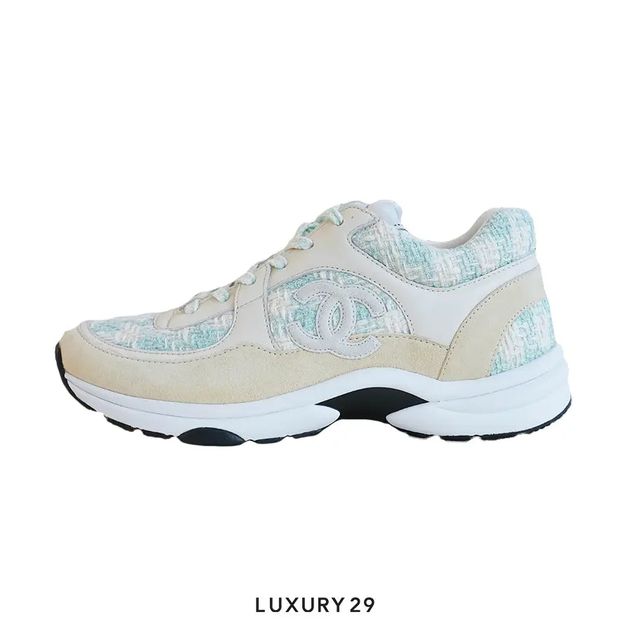 Chanel Trainers Coton Tweed, Suede Calfskin & Calfskin Green & Ecru CHANEL