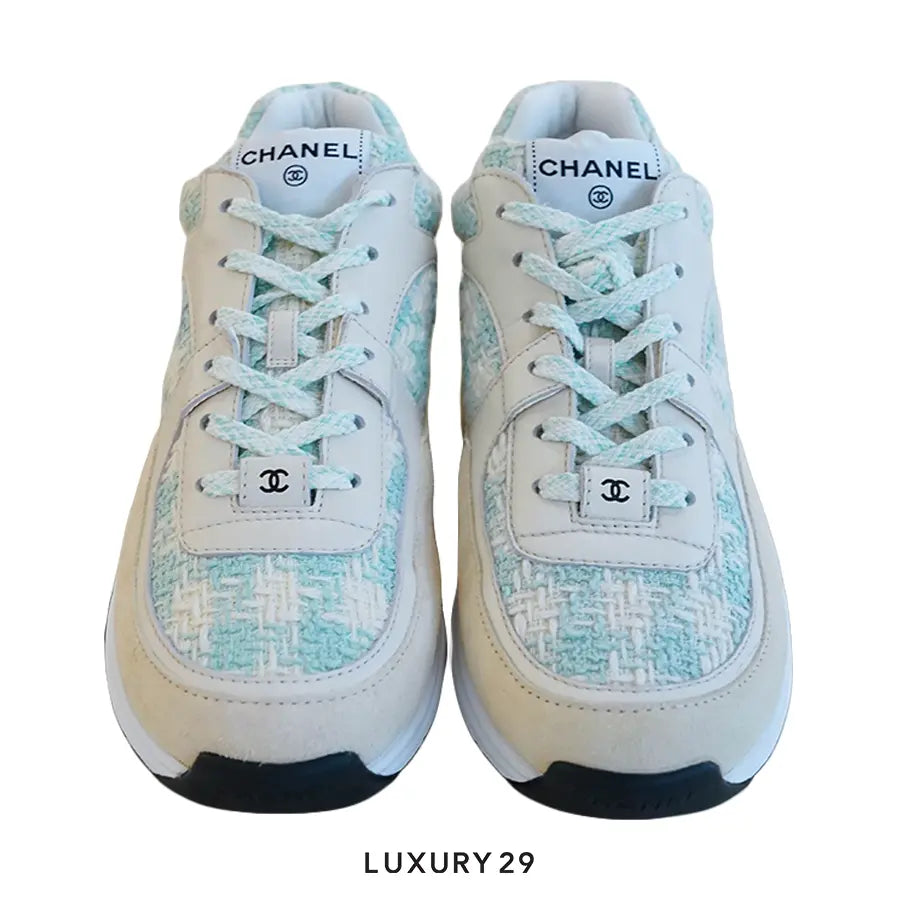 Chanel Trainers Coton Tweed, Suede Calfskin & Calfskin Green & Ecru CHANEL