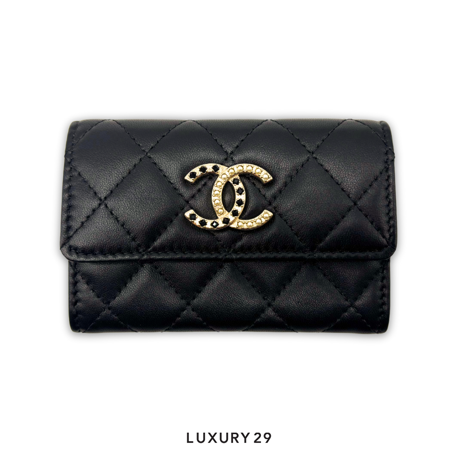 Chanel Lambskin Pearl Enamel Quilted Flap Card Holder Black CHANEL