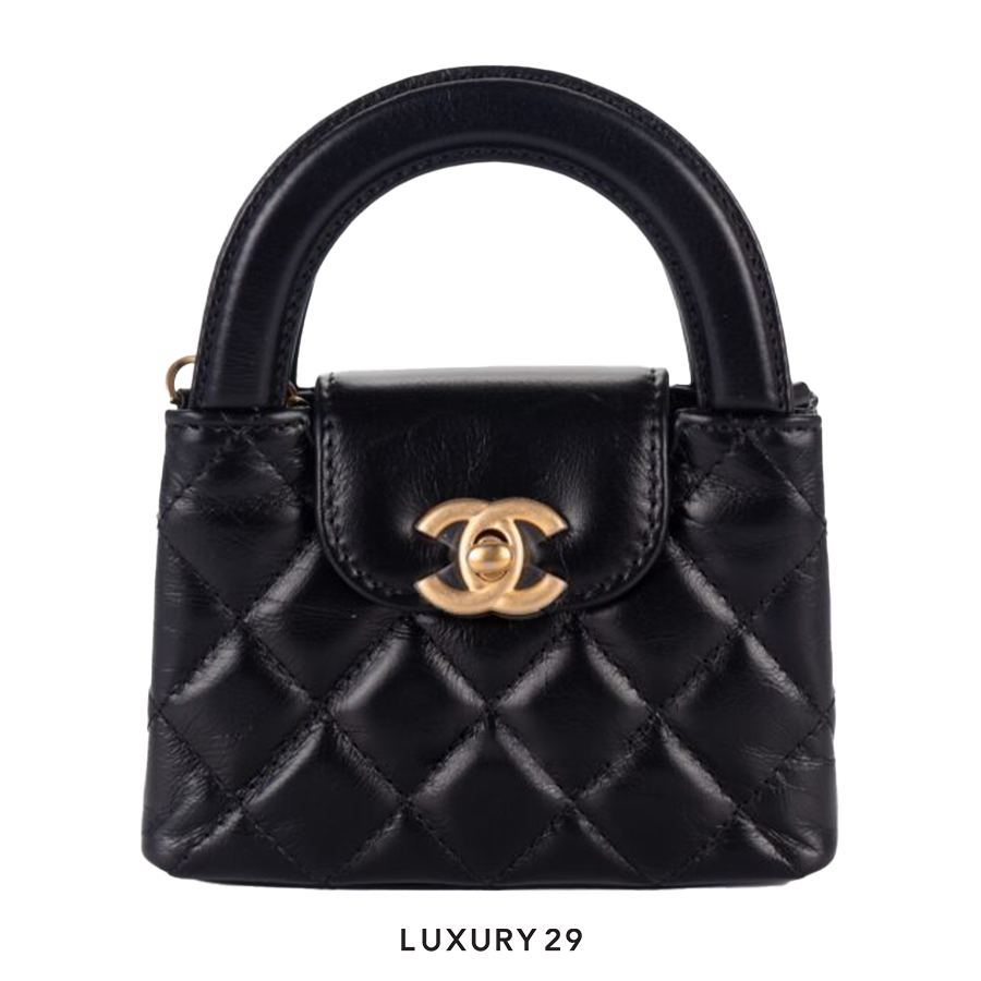 Chanel MICRO SHOPPING BAG Shiny Aged Calfskin & Gold-Tone Metal Black CHANEL