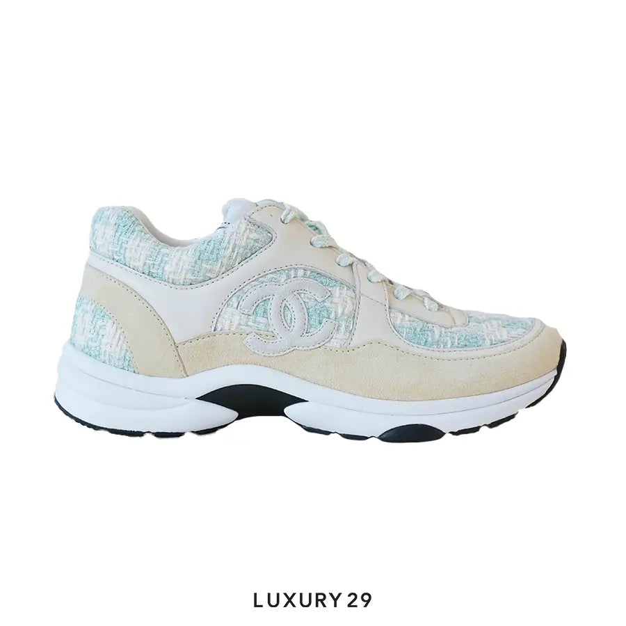 Chanel Trainers Coton Tweed, Suede Calfskin & Calfskin Green & Ecru