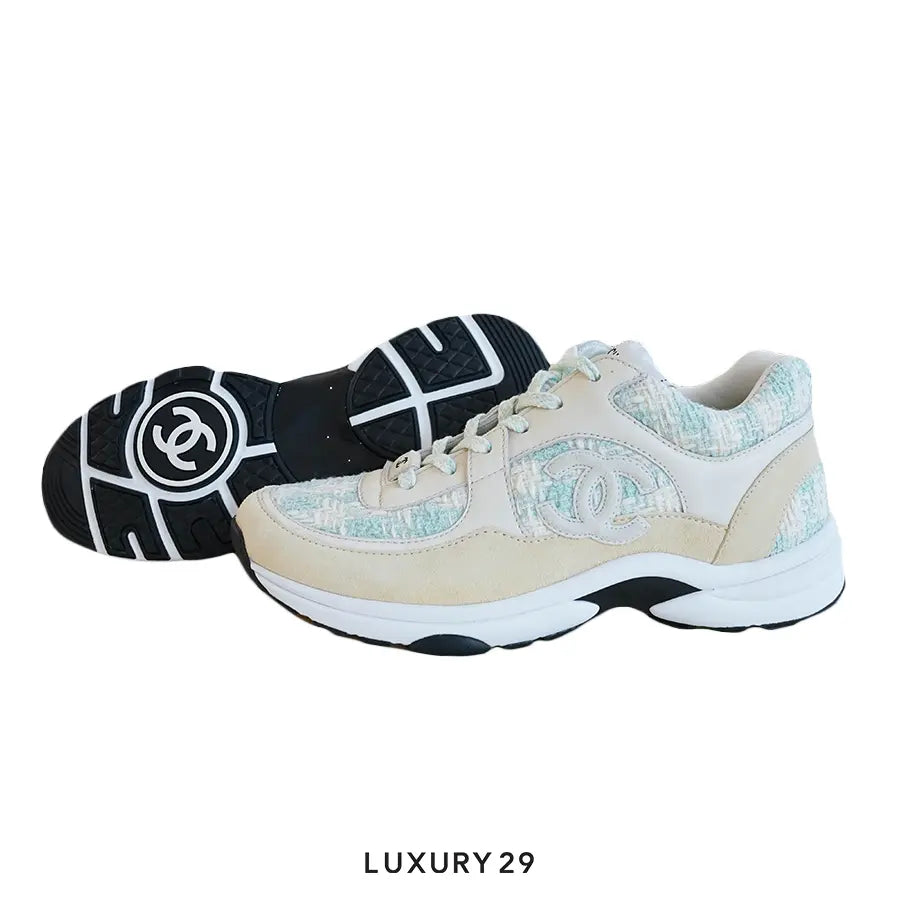 Chanel Trainers Coton Tweed, Suede Calfskin & Calfskin Green & Ecru CHANEL