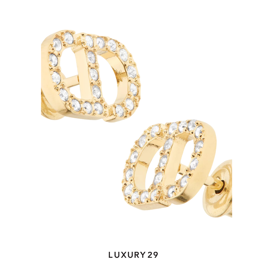 Dior Petit CD Mini Stud Earrings Gold-Finish Metal and Silver-Tone Crystals DIOR