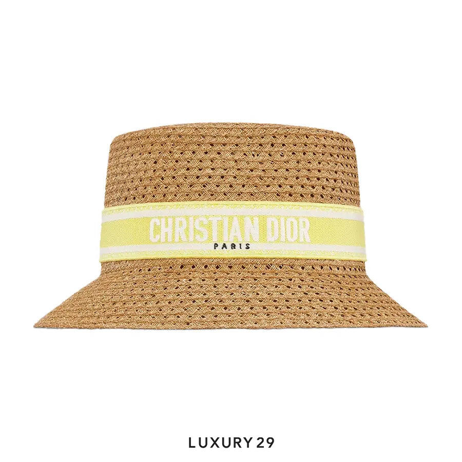 Dior Dioriviera D-Bobby Small Brim Hat Straw with Lemon Yellow and White Embroidered Band