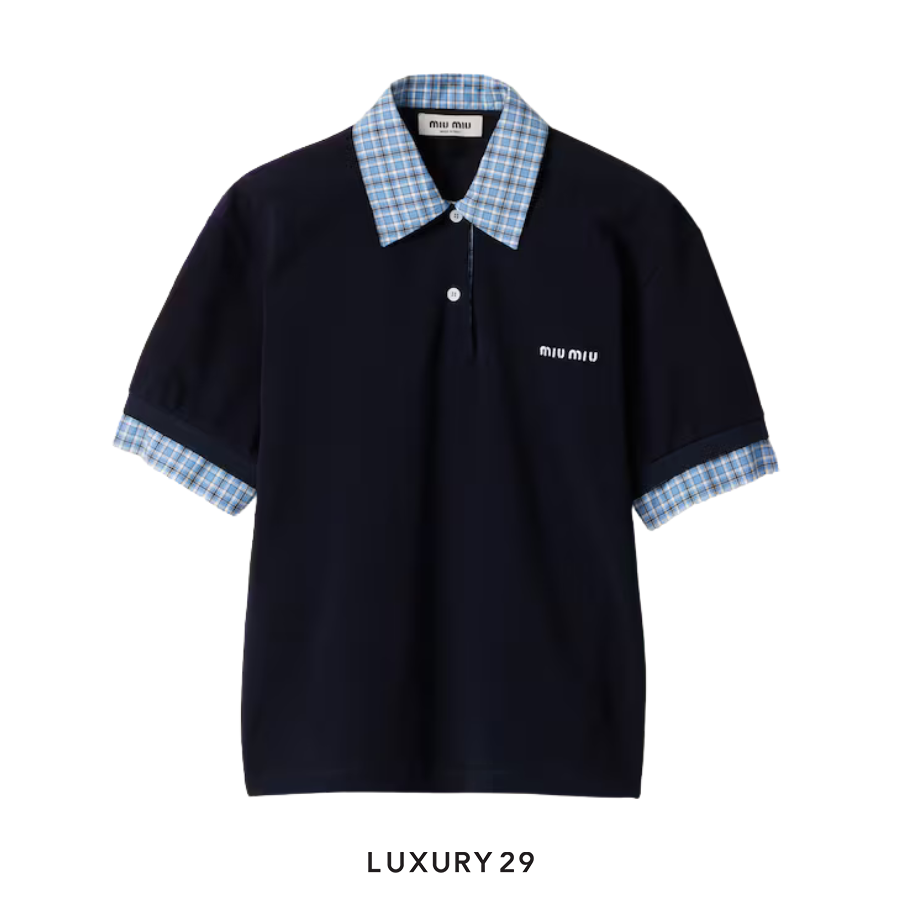MIU MIU Navy Solid Logo Short Sleeve Polo Shirt MIU MIU