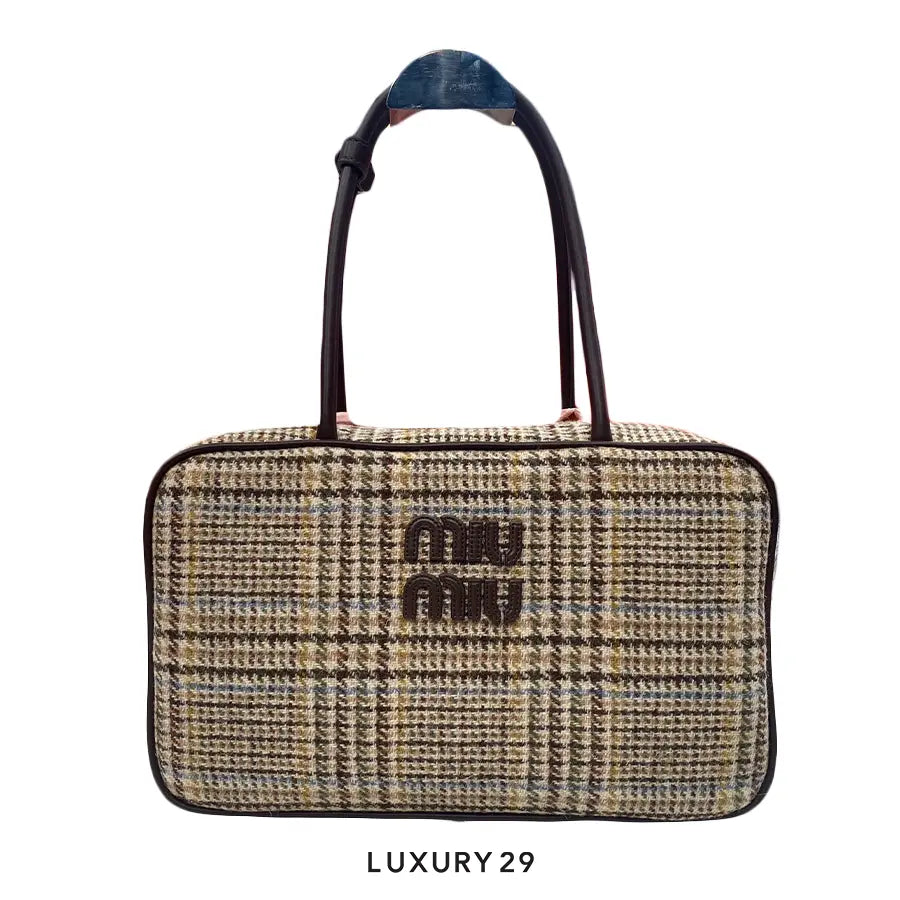 Miu Miu Beau Tartan Top-Handle Bag with Leather Details Cocoa Brown